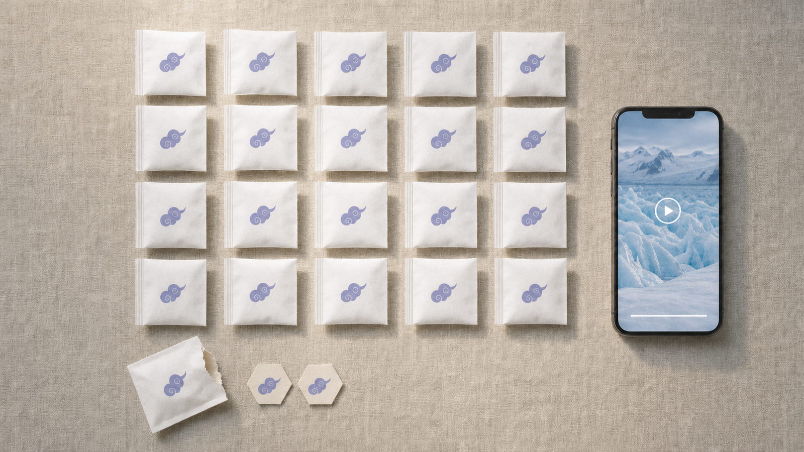 The Gap Moment box laid open: sachets, patches, and the app on a phone