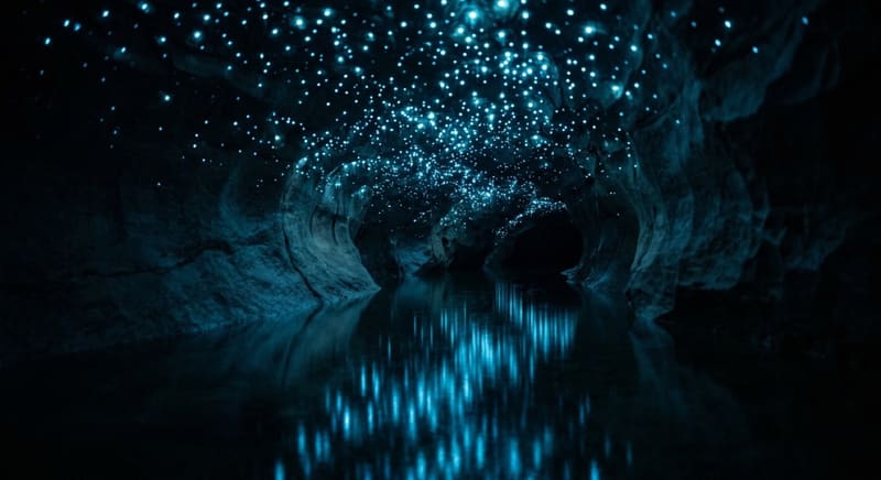 New Zealand glowworm cave ceiling lit blue-green